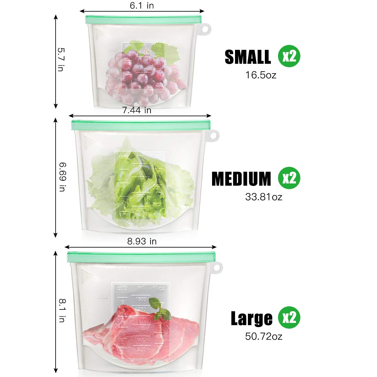 ?Upgrade?Cadrim Reusable Extra Thick Silicone Food Storage Bags - 6 Packs Zipper Freezer Bags For Marinate Meats Sandwich, Snack