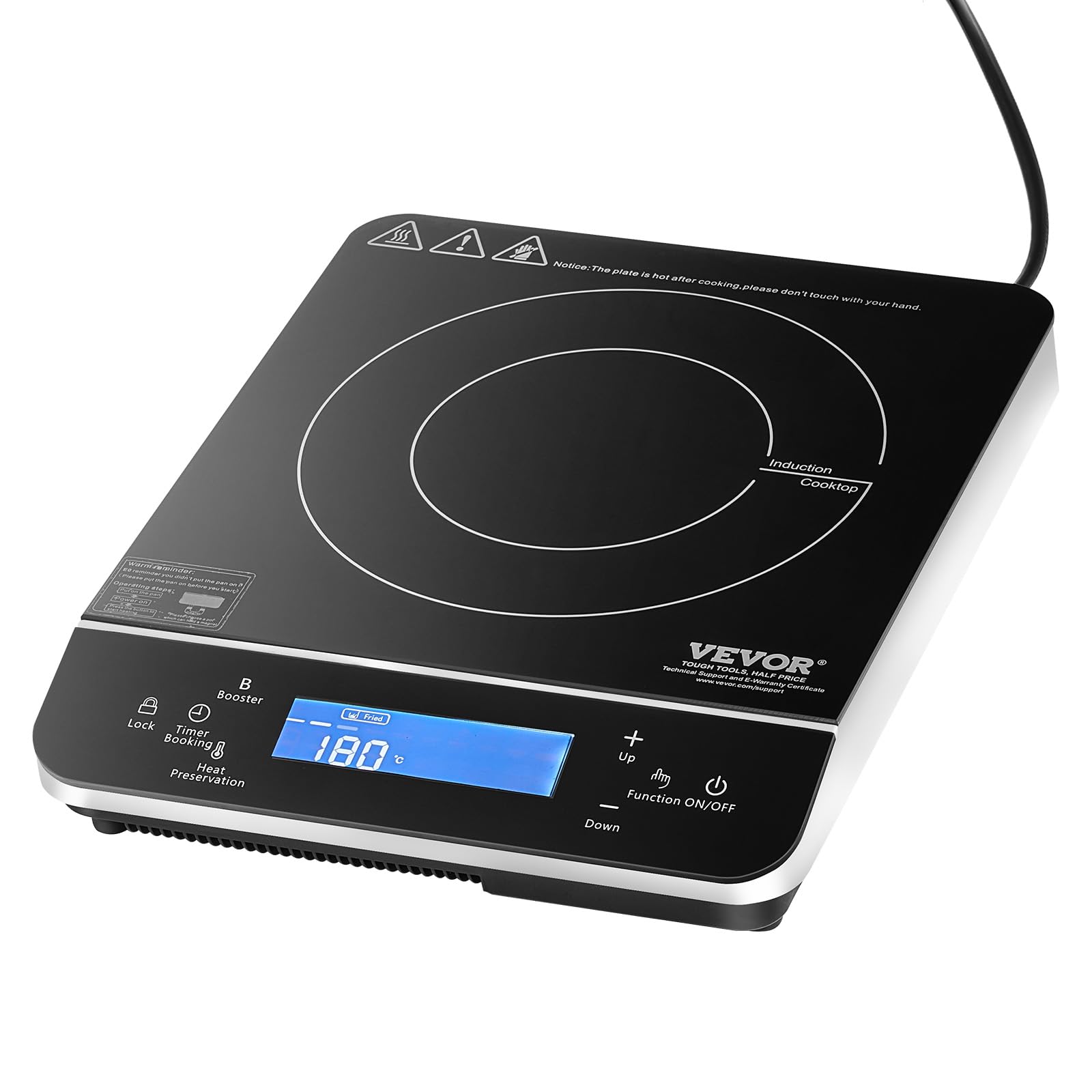 VEVOR Portable Electric Cooktop, 1800W Induction Burner with 9 Temp Settings, Countertop Hot Plate with 4H Timer, 24H Reservatio