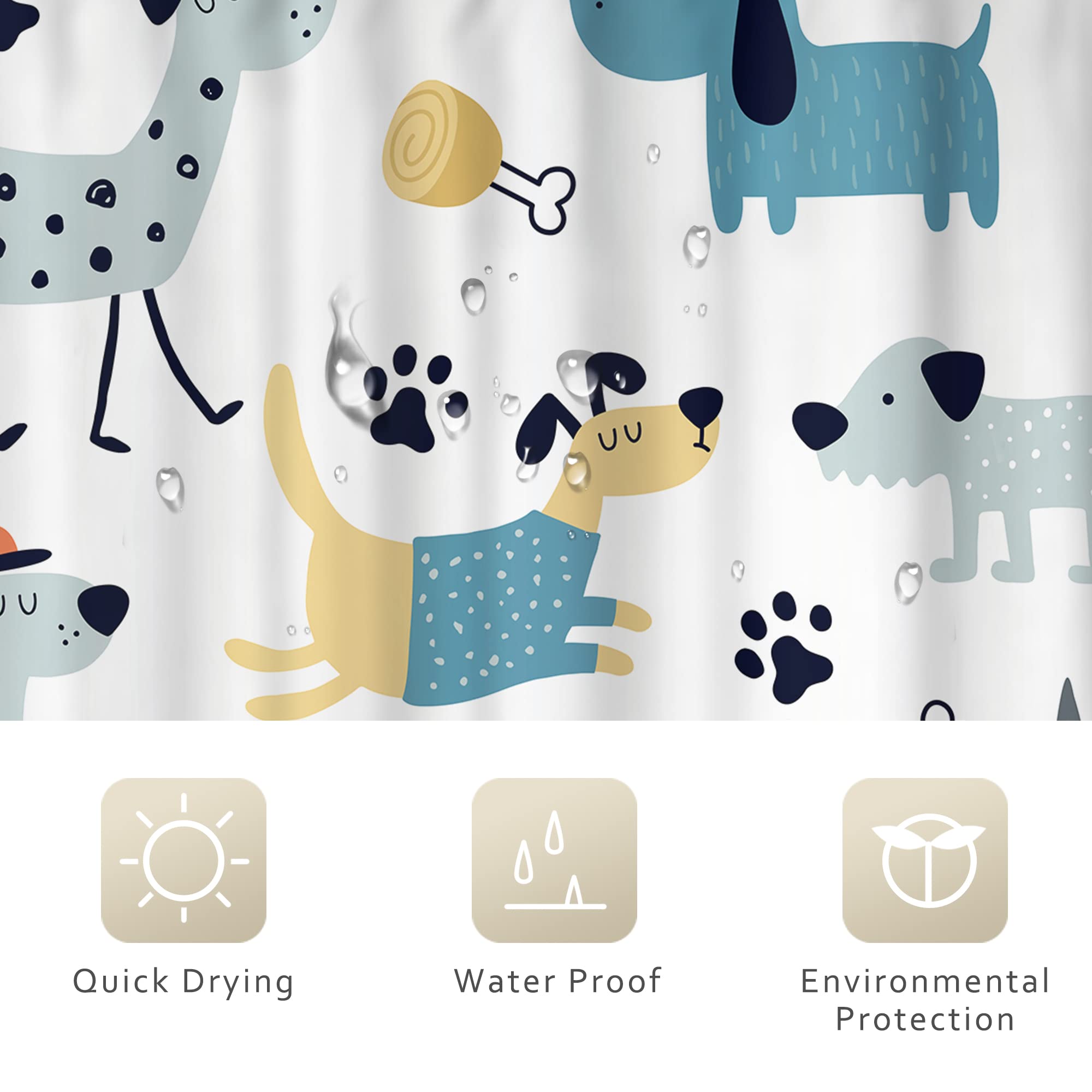 Riyidecor Cute Dogs Shower Curtain 60Wx72H Inch Funny Lovely Cartoon Animal Paw Print Bones Childish Puppy Pets For Kids Girl Bo