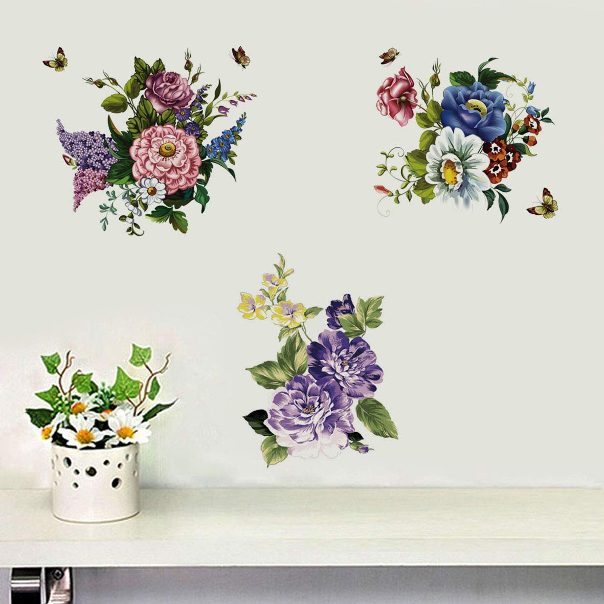 3Pcs Peony Rose Lavender Butterfly Flower Wall Stickers Beauty Flowers Decals Self Adhesive Removable Waterproof Vinyl Art Mural
