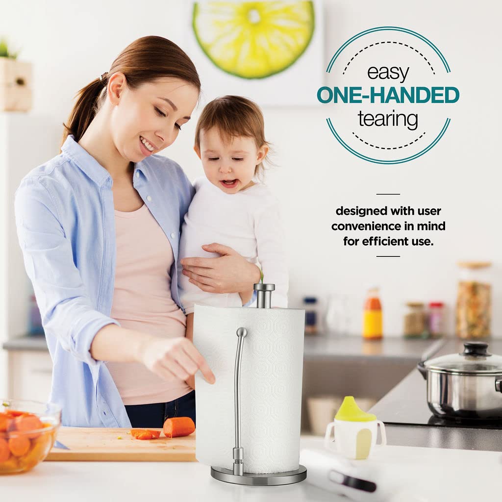 Stainless Steel Paper Towel Holder - Standing Paper Towel Dispenser With Adjustable Spring Arm & Weighted Base For Kitchen, Bath
