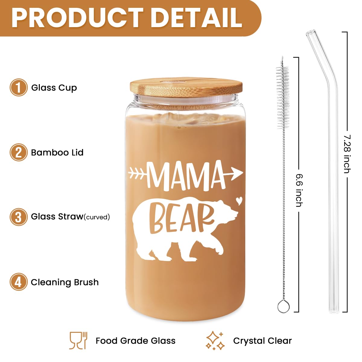 Gifts for Mom from Daughter Son - Mom 16 Oz Can Glass Coffee Cup with Bamboo Lid & Straw - Mothers Gift for Women on Birthday Mo