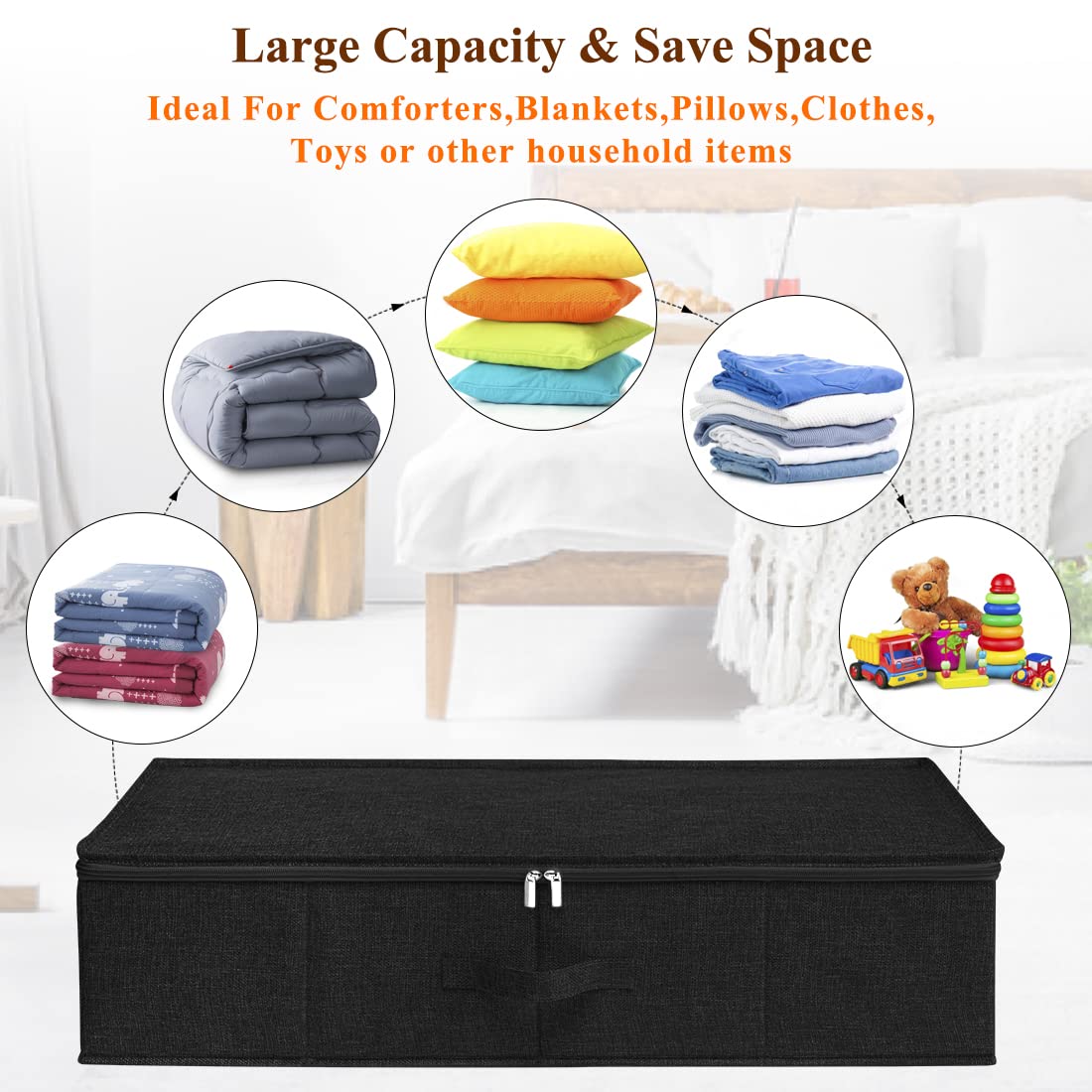 Under Bed Storage, 2 Pack Underbed Storage Container Bags With Lid, Foldable Sturdy Clothes Storage Drawer Organizer W/ 3 Handle