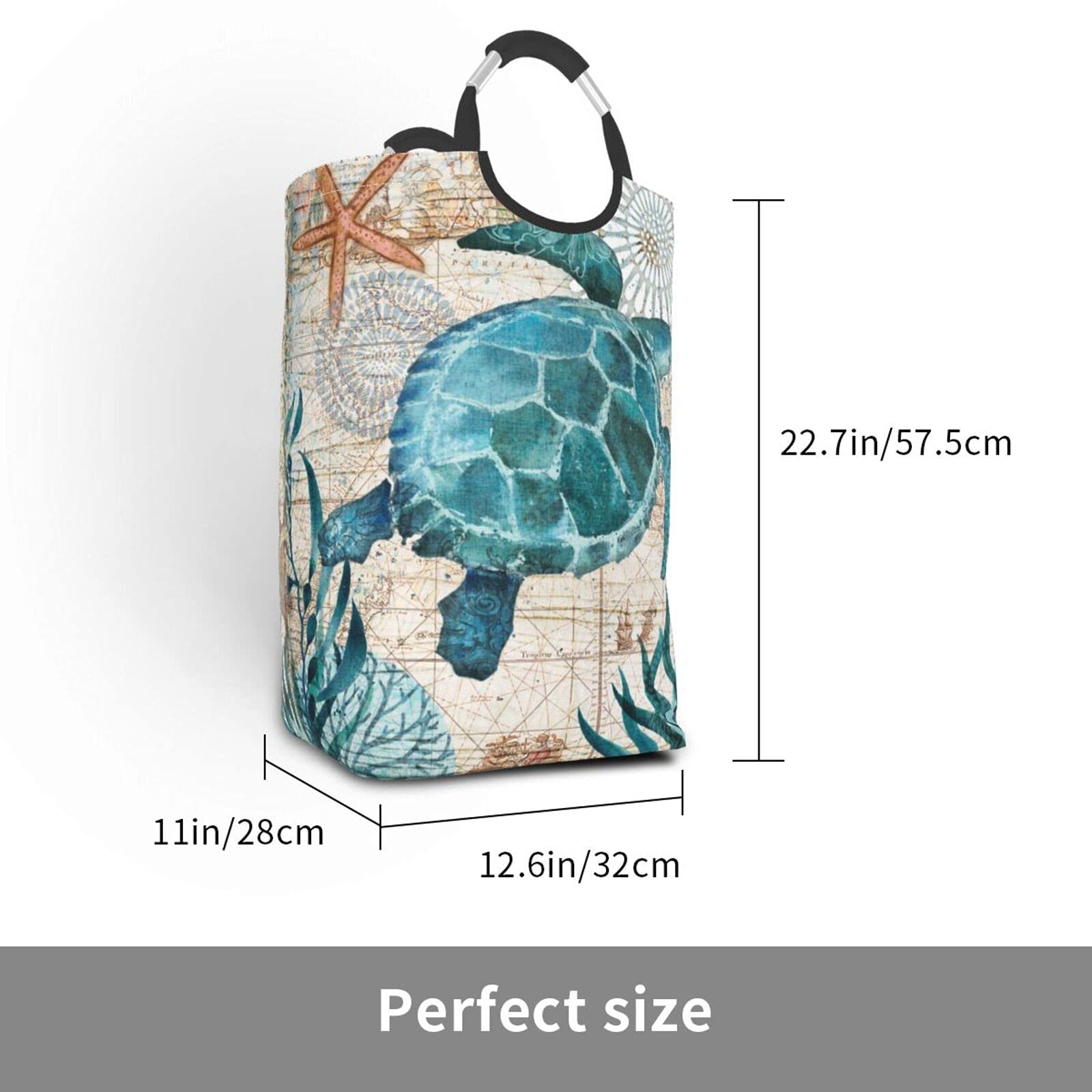 Duduho Sea Turtle Laundry Basket With Handles Nautical Map Retro Ocean Laundry Hamper Toys Storage Organizer Foldable Bucket Was