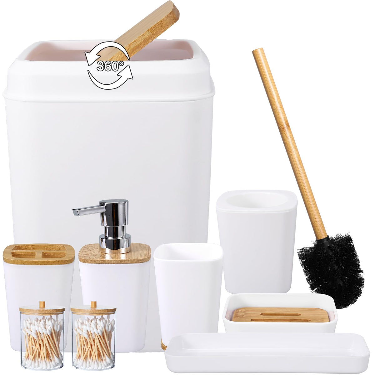 White Bathroom Accessories Set, 9 Piece Bathroom Accessory Set With Trash Can,Toothbrush Holder,Toothbrush Cup,Lotion Soap Dispe