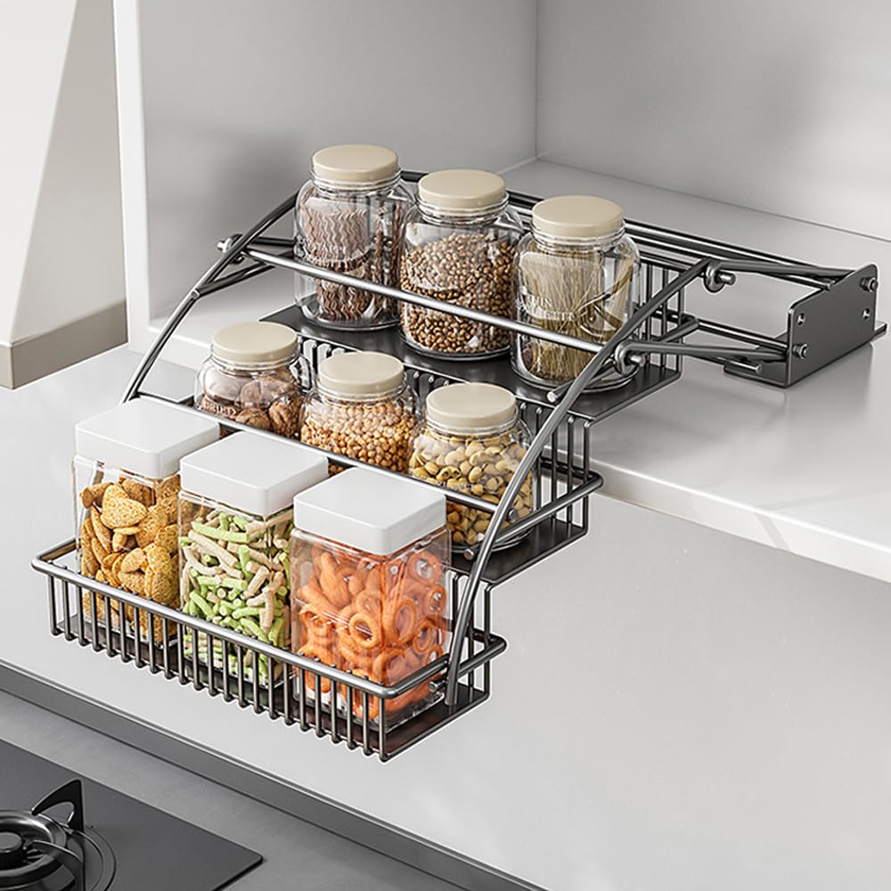 HZBLLP 3Tier Pull Down Spice Rack Organizer for Inside Cabinet Pantry Expandable Display Riser Shelf Kitchen Seasoning Shelf (
