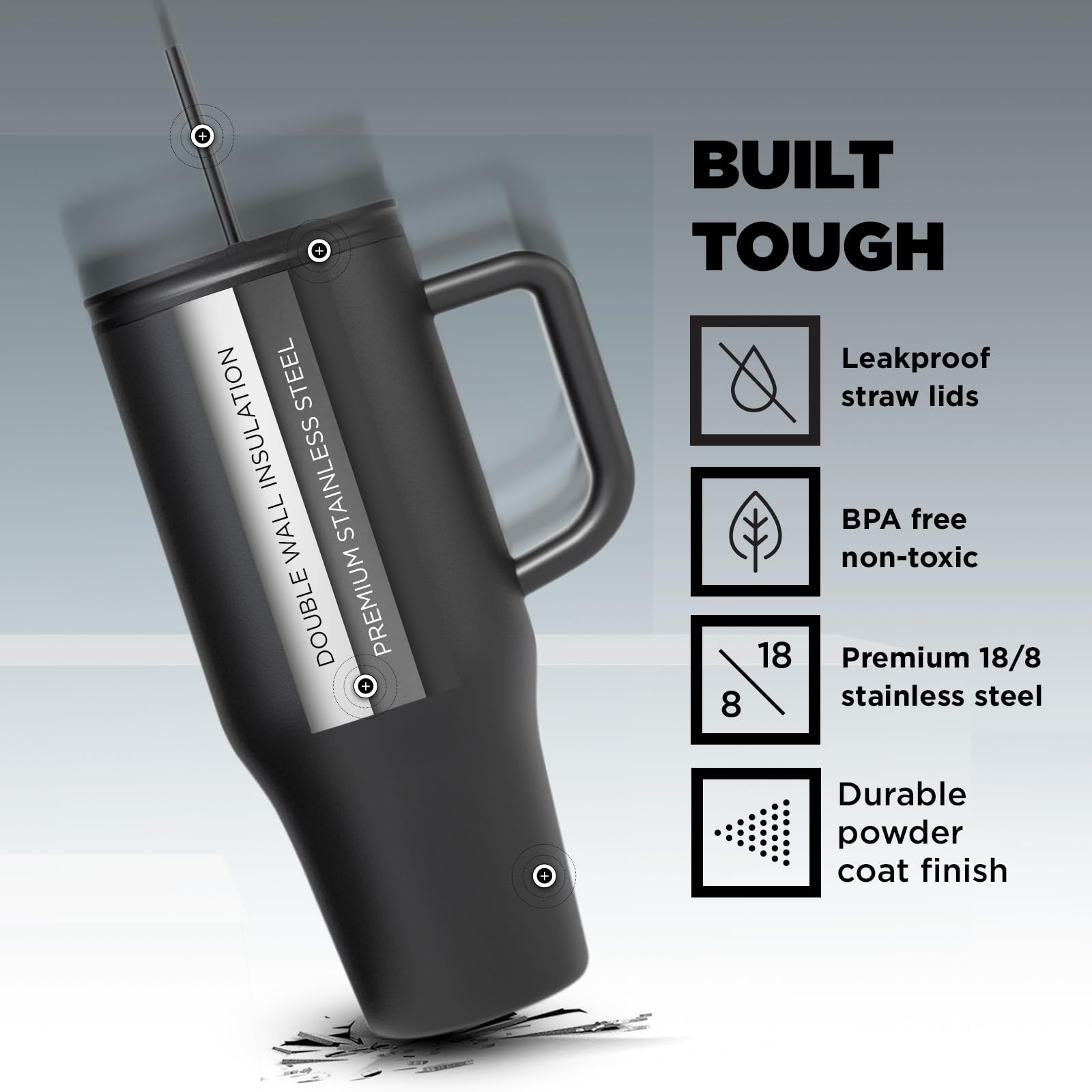 Iron Flask Co-Pilot Insulated Tumbler W/Straw & Flip Cap Lids - Cup Holder Bottle For Hot, Cold Drink - Leak-Proof- Water, Coffe