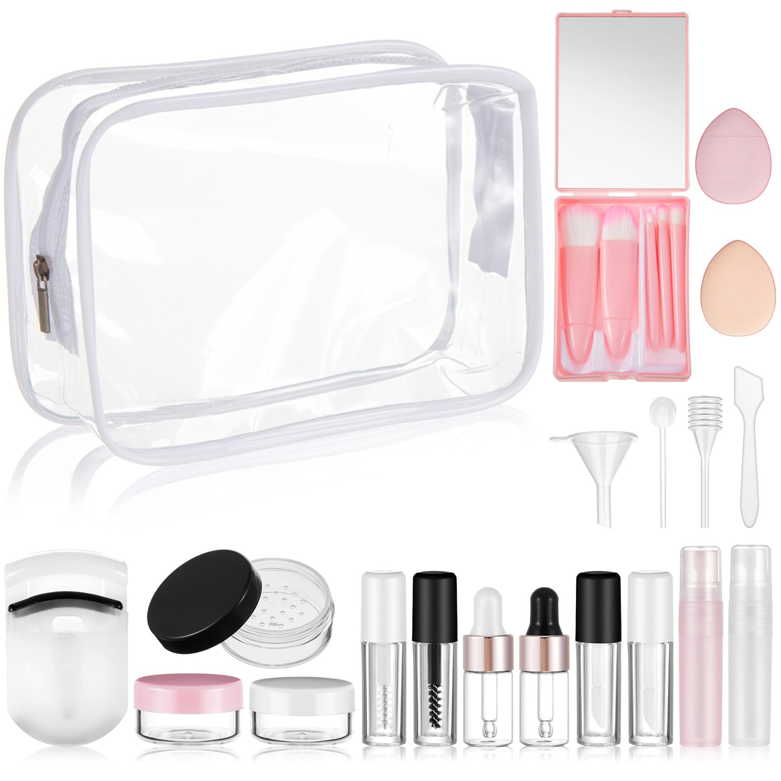 Maxdot 20 Pack Travel Makeup Containers Set Mini Makeup Brush Empty Bottles Kit with Finger Puff Spatulas Leak Proof Refillable 
