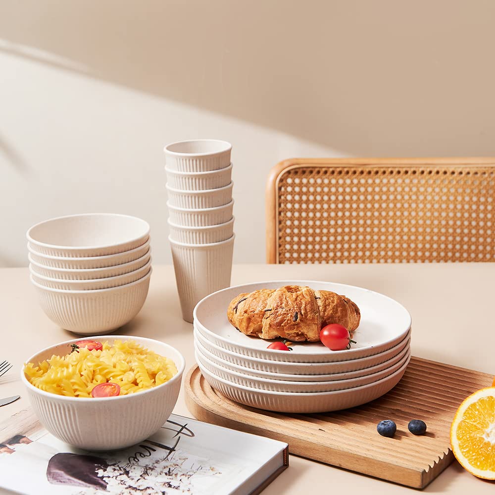 18pcs Wheat Straw Dinnerware Sets HXYPN Unbreakable Reusable Dinnerware Set Kitchen Cups Plates and Bowls Sets Dishwasher Microw