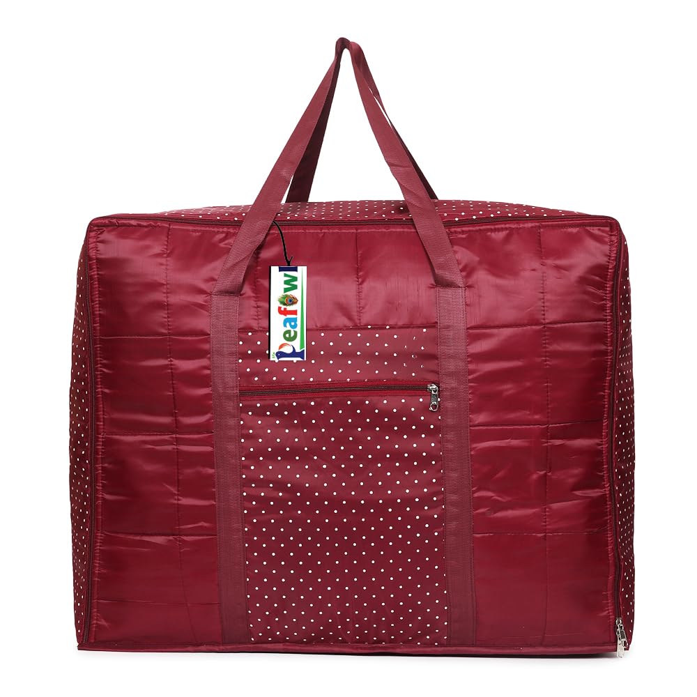 Peafowl Multipurpose Storage Bag, Burgundy Red With White Polka Dots, Double Bed Blanket Organizer With Zipper And Front Pocket
