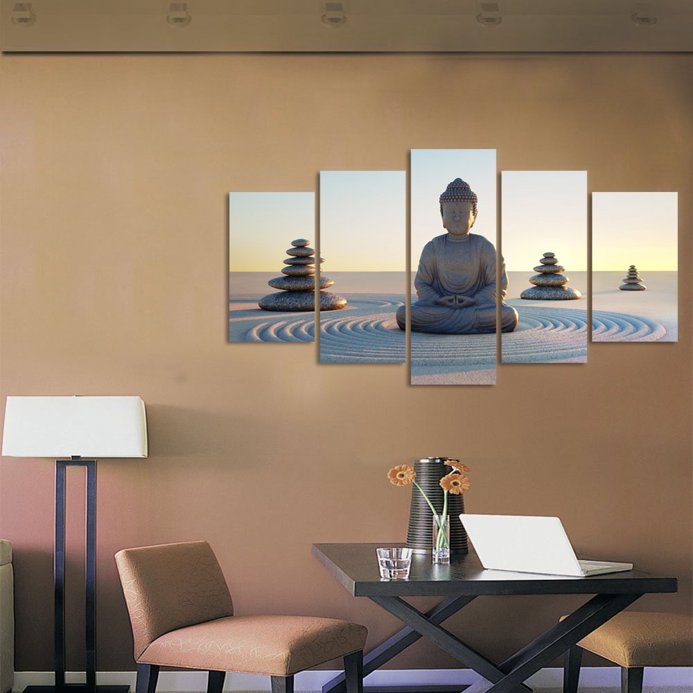 Vvovv Wall Decor - Buddha Canvas Wall Art Poster Paintings Giclee Prints White Sand Zen Stone Pictures Home Decor Modern Zen Pic