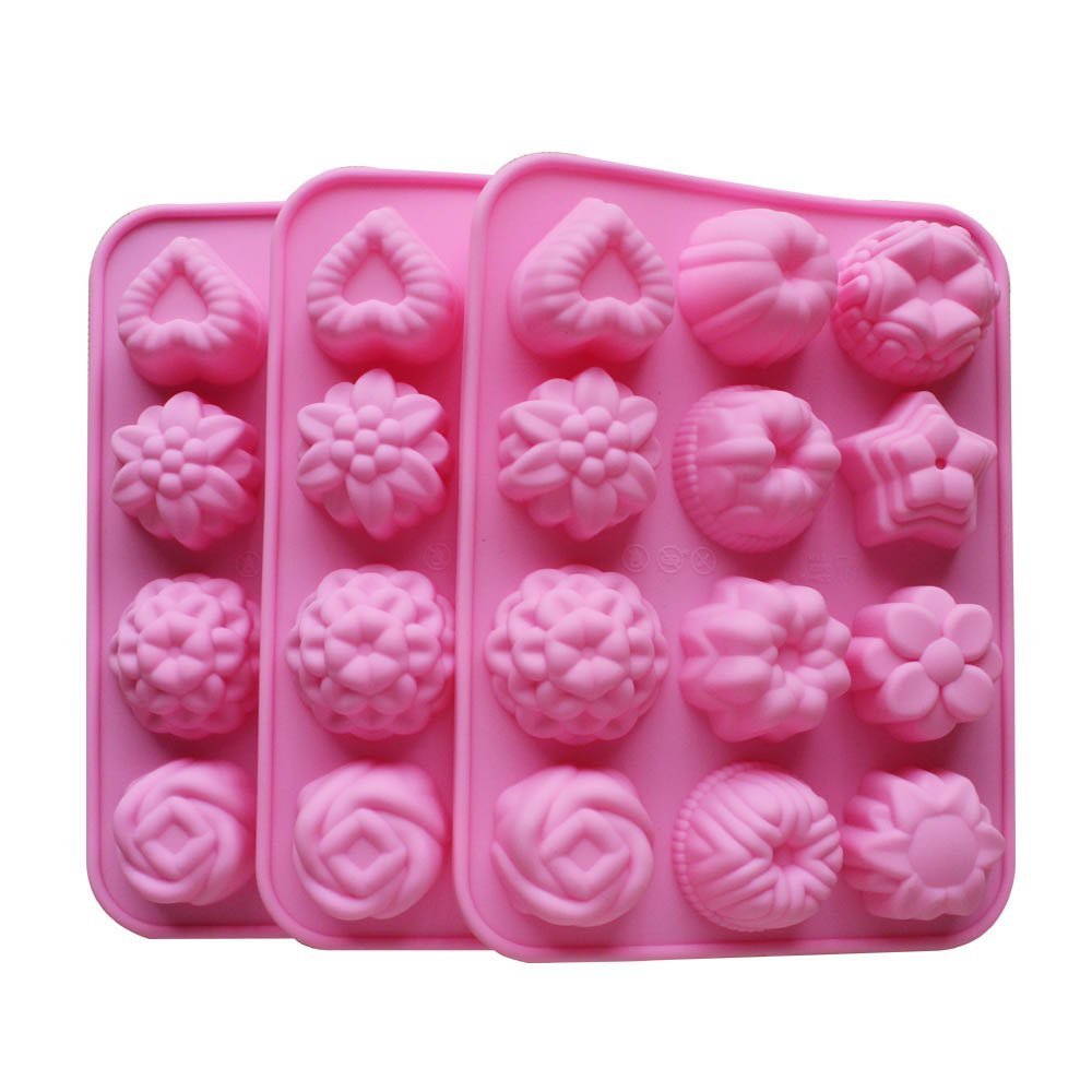 Baker Depot Silicone Bakeware Mold For Cake Chocolate Jelly Pudding Dessert Molds 12 Holes With Flower Heart Shape Set Of 3