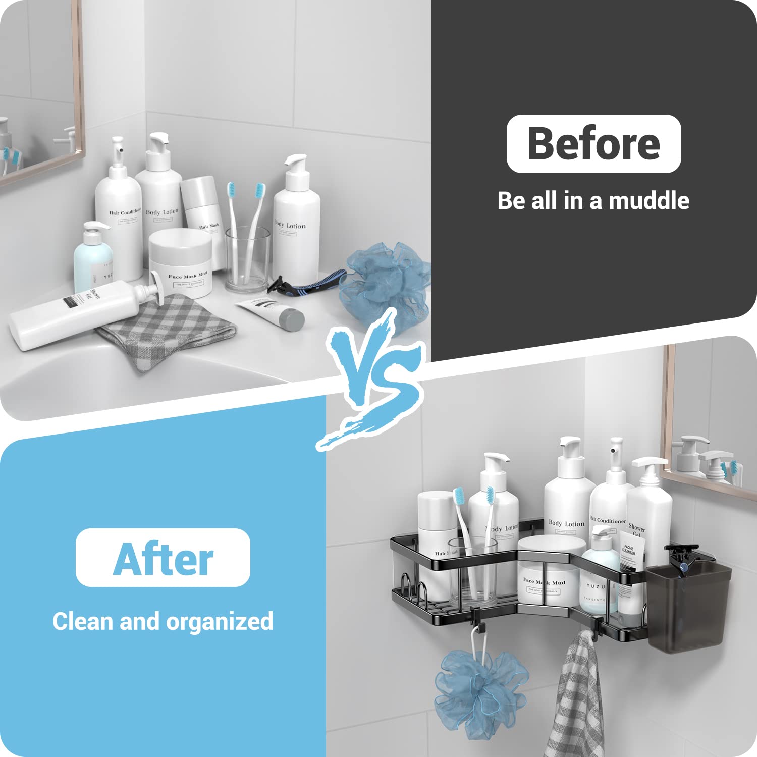 Aktecke Corner Shower Caddy, 2 Pack Adhesive Shower Corner Organizer Shelves, No Drilling Stainless Steel Shower Storage Rack Wi