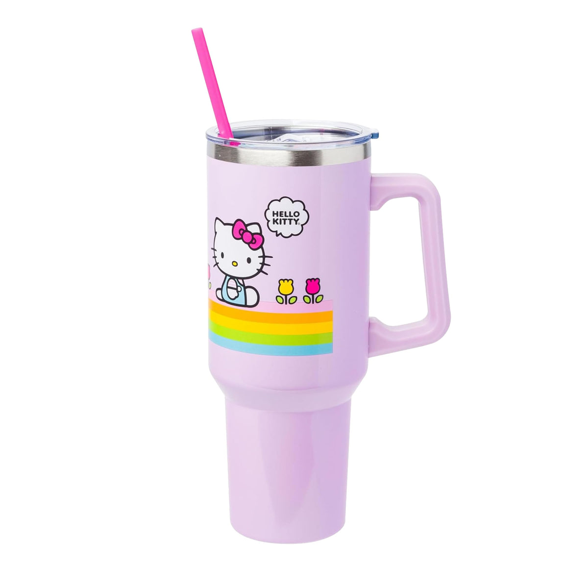 Silver Buffalo Sanrio Hello Kitty Spring And Summer Flowers Rainbow Stripes Stainless Steel Tumbler With Handle And Straw, Fits