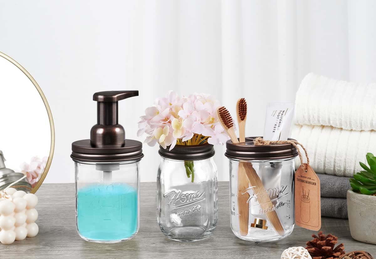 Mason Jar Toothbrush Holder - Premium Rustproof 304 Stainless Steel - Holds 2 Toothbrushes and Toothpaste - Farmhouse Decor Countertop and Vanity Storage Organizer/Bronze