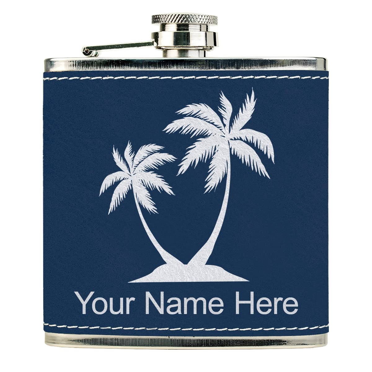 Faux Leather Flask, Palm Trees, Personalized Engraving Included (Dark Blue)