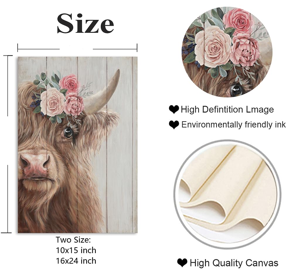 Yelash Highland Cow Canvas Wall Art Farmhouse Animal Picture Wall Decor, Funny Cow Flower Painting Poster Mural For Bedroom 10 X