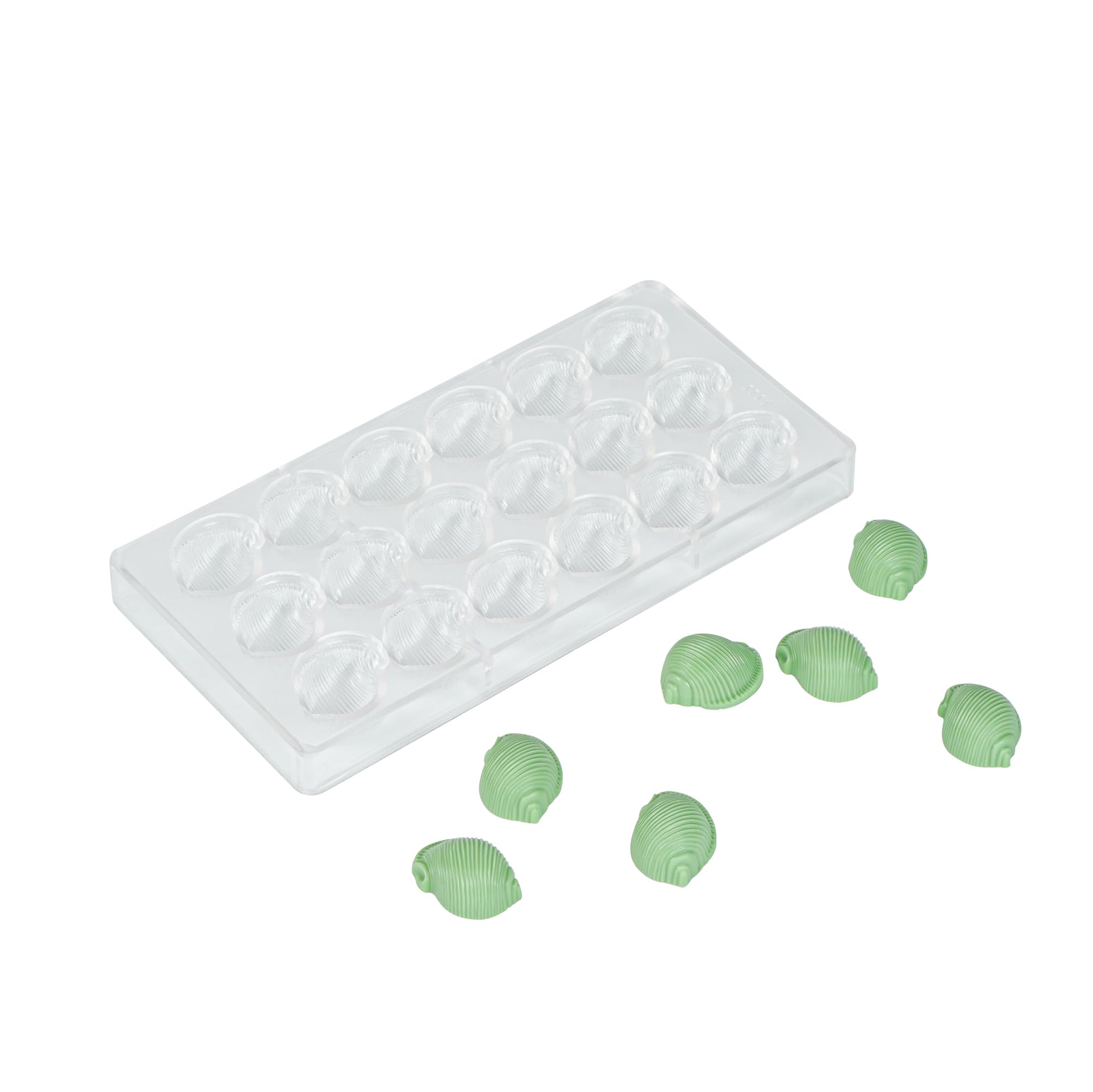 Restaurantware Pastry Tek 10.8 x 5.3 Inch Chocolate Shaping Mold 1 Freezable Sea Shell Shaped Candy Mold - 18 Cavities Dishwasha