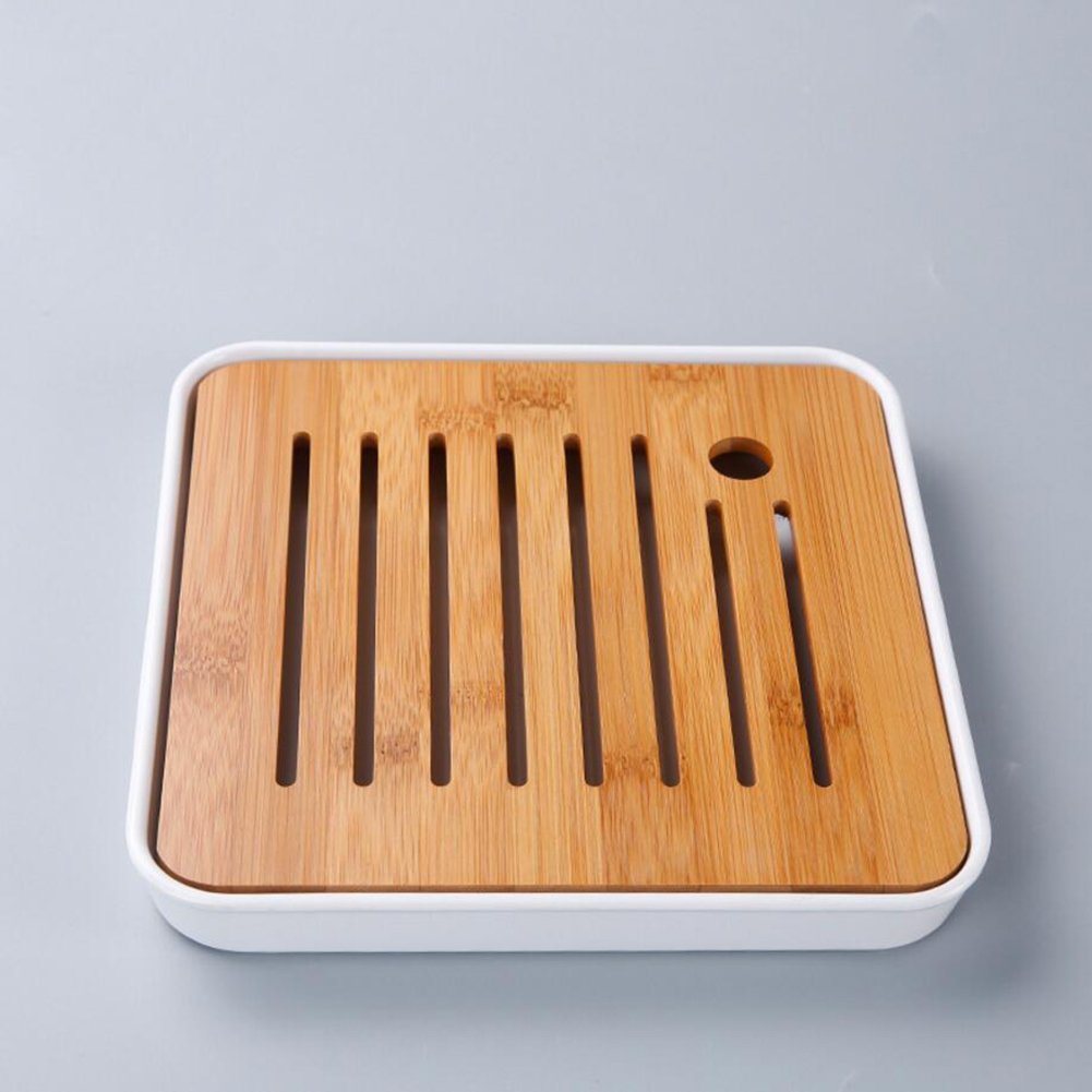 Hoobar Bamboo Kung Fu Tea Tray Table Serving Tray Chinese Style Water Storage (White)