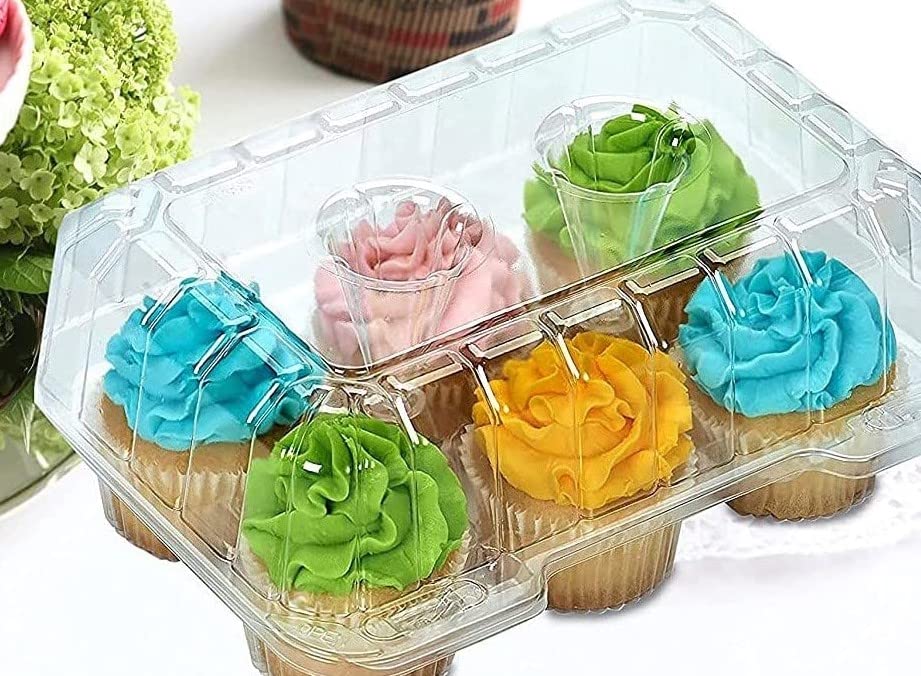 Decony Cupcake Boxes 6 Count [ Made In Usa ]- Clear Plastic Cupcake Containers With 4'' High Dome Lid- Durable Cupcake Holders-