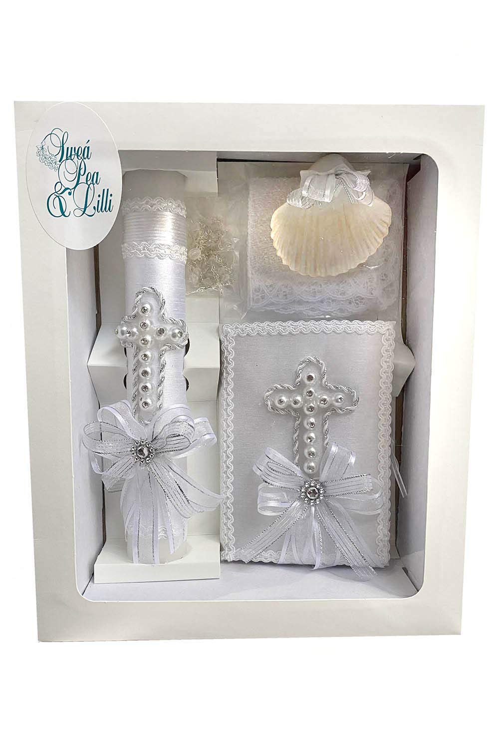 SWEA Pea & Lilli White Pearl Cross Baptism Candle Set Kit for Christenings with Shell and Favors