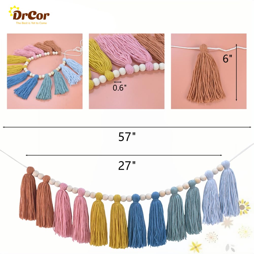 DrCor Boho Earthy Rainbow Tassel Garland - Neutral Yarn Wall Hanging for Calm Classroom, Montessori Nursery, Kids Bedroom, Baby