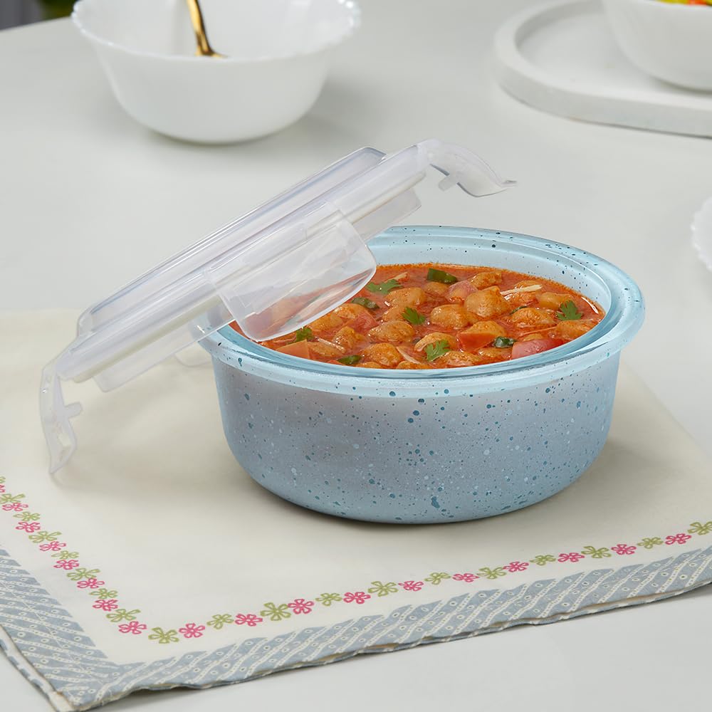 Borosil 620 Ml Blue Food Storage Container With Air Tight Lid | Round Shape Borosilicate Glass Organiser | Microwave & Dishwashe