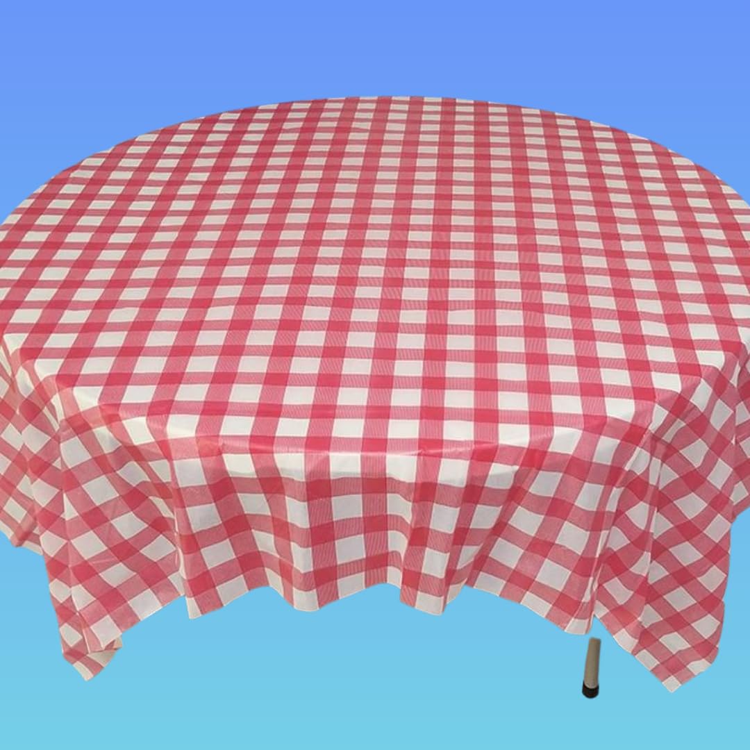 Oojami Pack Of 4 Round Checkered Tablecloth - Red & White Plastic Disposable Table Covers For Parties And Events - 78 Diameter
