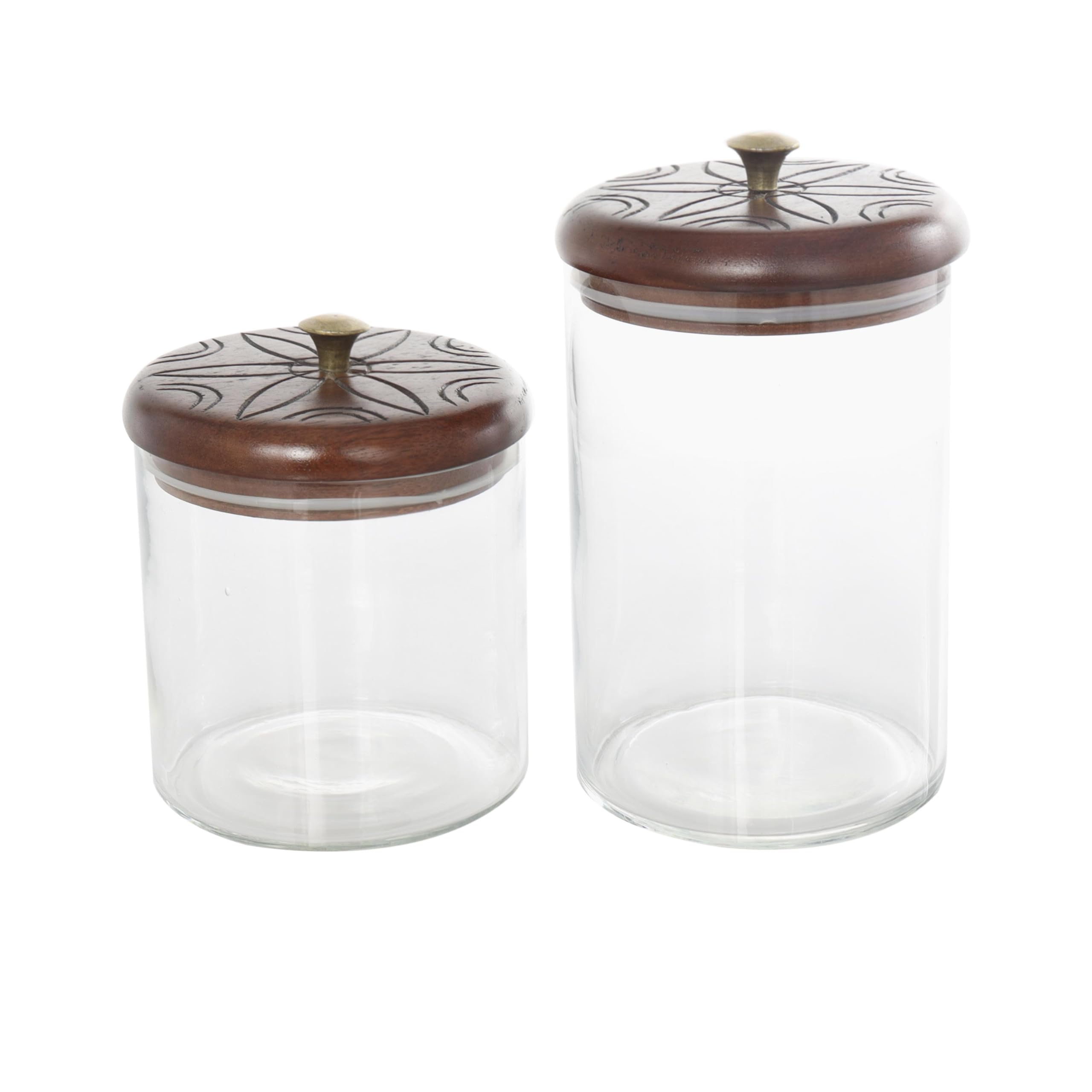 Deco 79 Glass Floral Living Room Decorative Jars Carved Decorative Container with Brown Wooden Lids and Gold Knobs, Set of 2 Jar