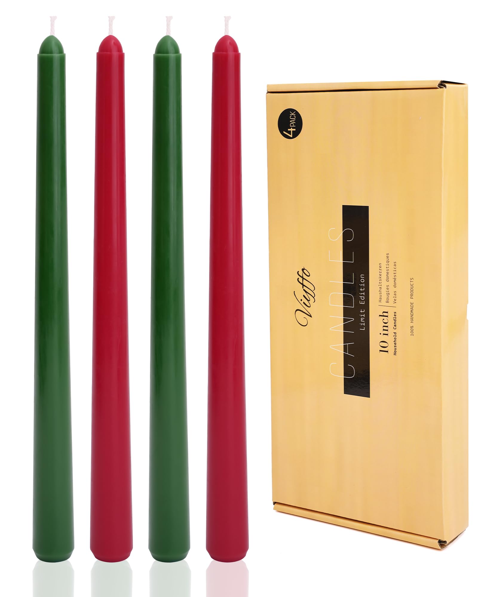 Christmas Taper Candles - Green and Red Set of 4, 10 Inch Unscented, Dripless, Smokeless Long Tall Tapered Candlesticks Wedding 