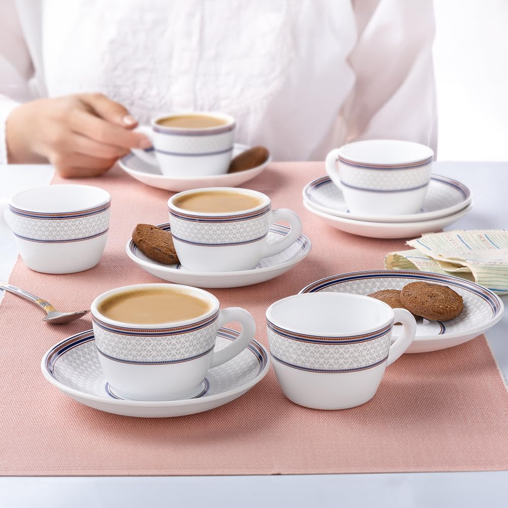 Larah By Borosil Premia Series Starlight 12Pc Opalware Tea/Coffee Cup & Saucer Set (140Ml Each) | Embossed Design, Microwave & D
