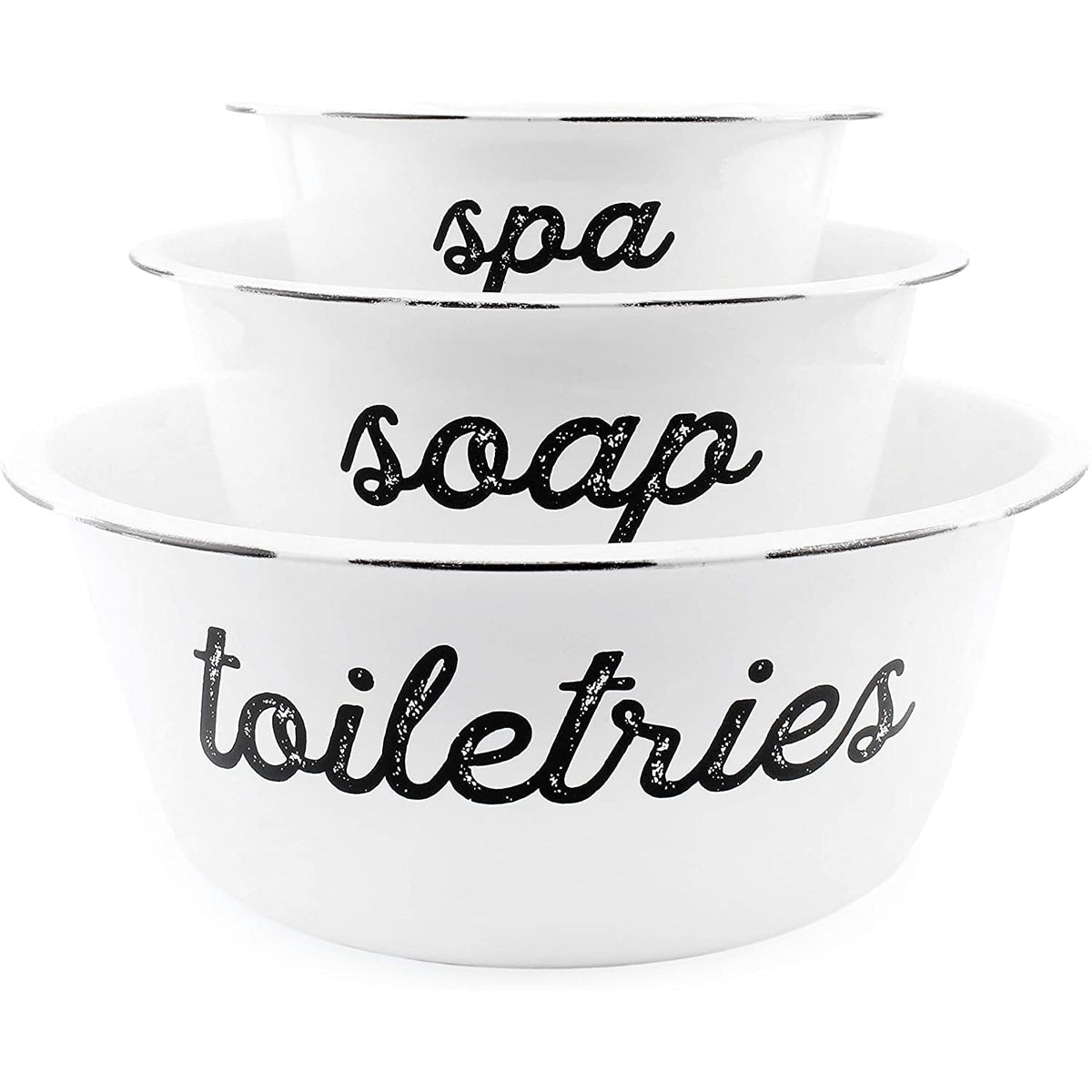 Auldhome Design Enamelware Spa Basin Set (Set Of 3); White Rustic Farmhouse Decor Spa Bowls For Bathroom Storage And Home Decor