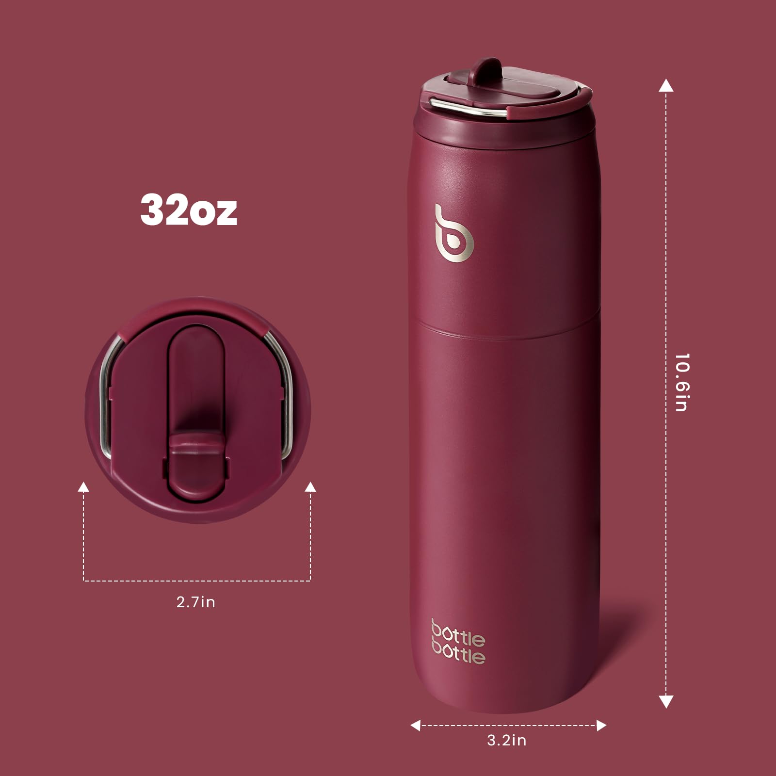BOTTLE BOTTLE Stainless Steel Water Bottle with Straw and Lid  32oz Vacuum Insulated Water Bottle Flask  Stay Cold for 24 Hrs  Hot for 12 Hrs  Leak-Proof Wide Mouth Sports Water Bottles for School red