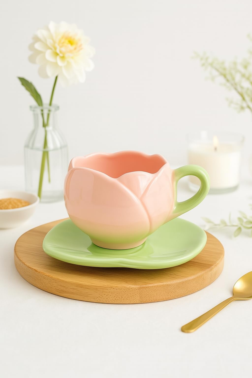The Deluxe Creations Tulip Shaped Ceramic Cup & Leaf Saucer Set  Pink, 275Ml | Handmade Tea/Coffee Mug | Rakhi Gift For Sister 