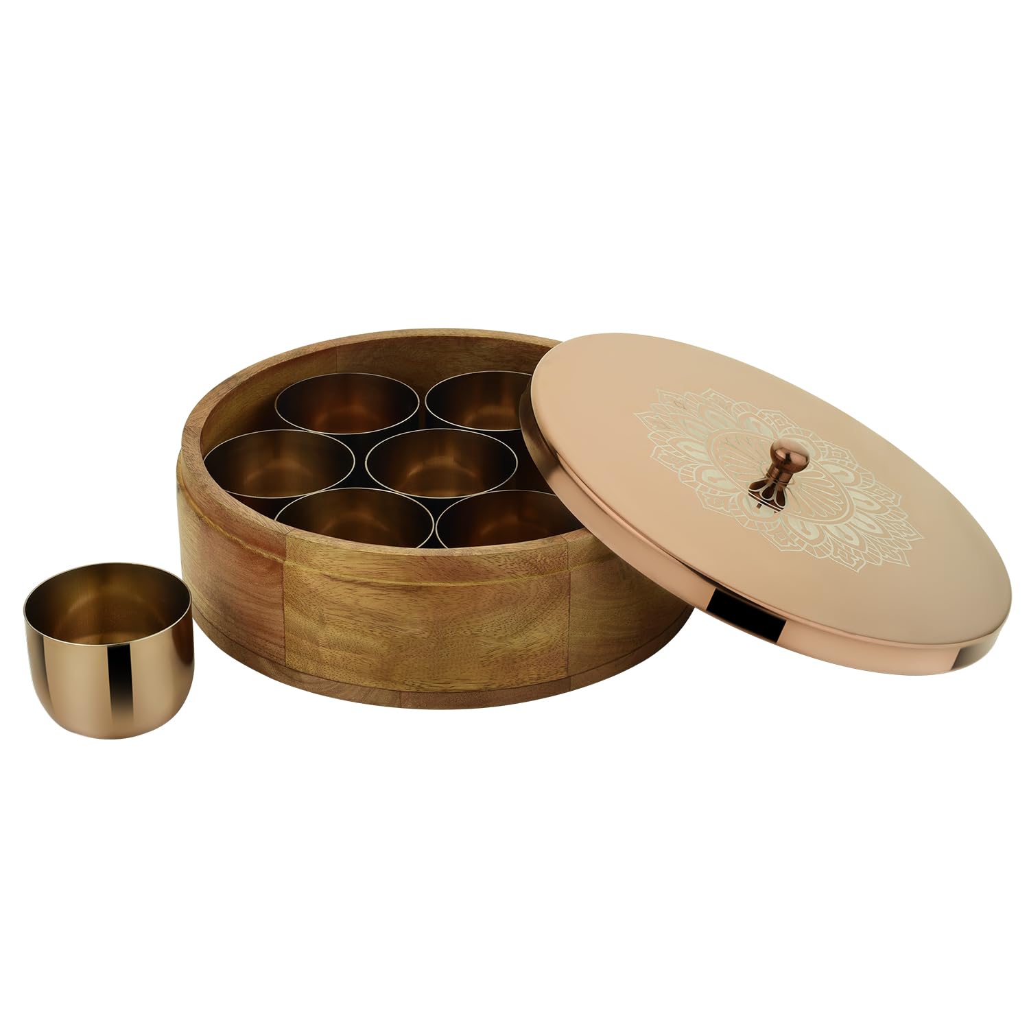 Ramya Masala Box/Spice Box/Storage/Organiser For Kitchen, Wooden (Dia9 Inch) (Rose Gold) | Or | Black Gold 4Piece Induction A