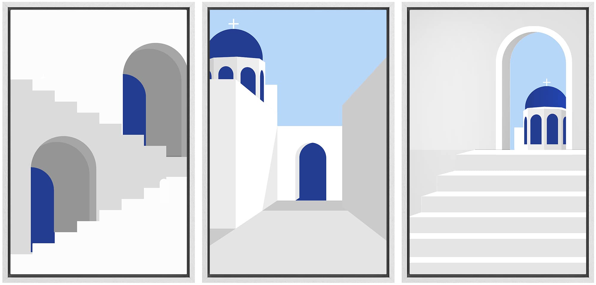 Signwin Framed Canvas Print Wall Art Set Geometric Mediterranean Blue Buildings Places Country Illustrations Modern Bohemian Sce