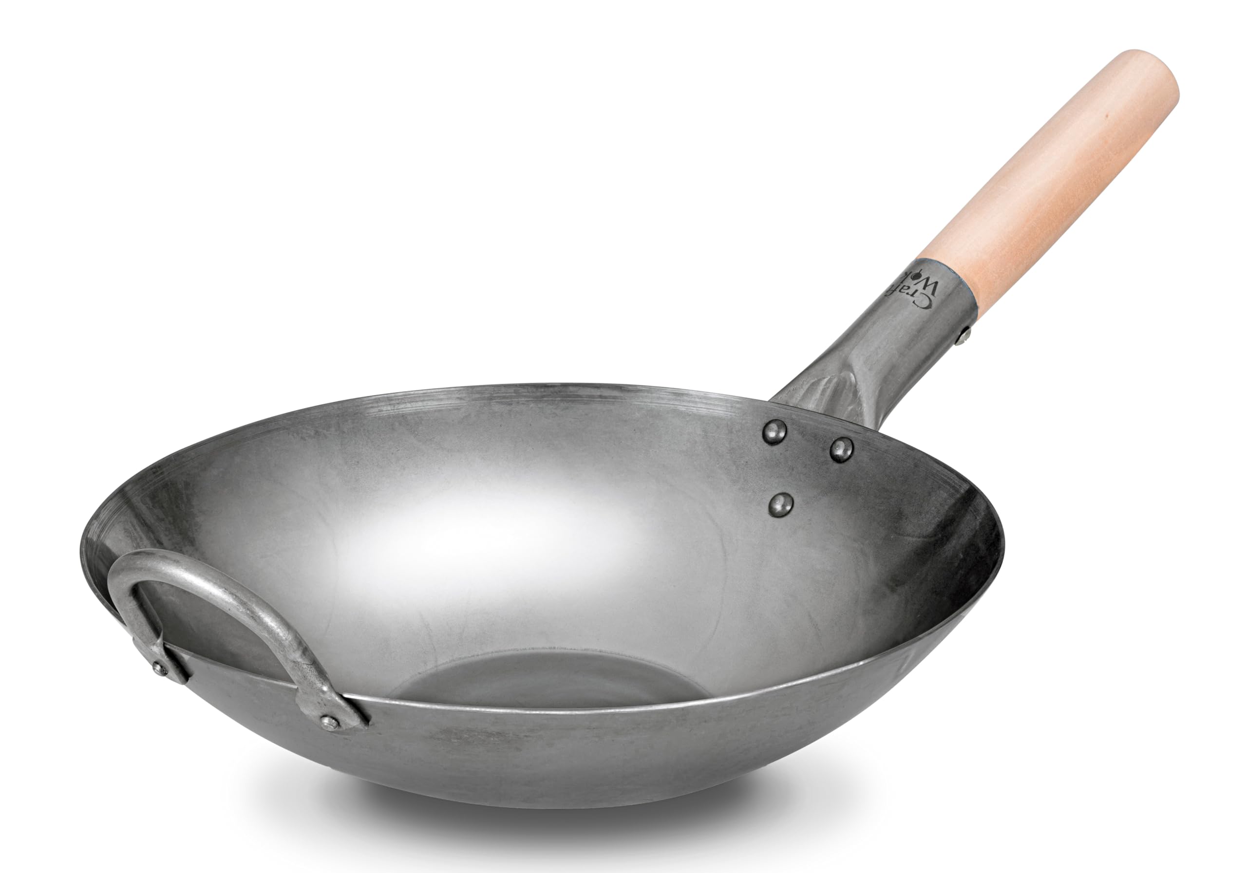Craft Wok 12 Inch Flat Hand Hammered Carbon Steel Pow Wok with Wooden and Steel Helper Handle - Model 731W316