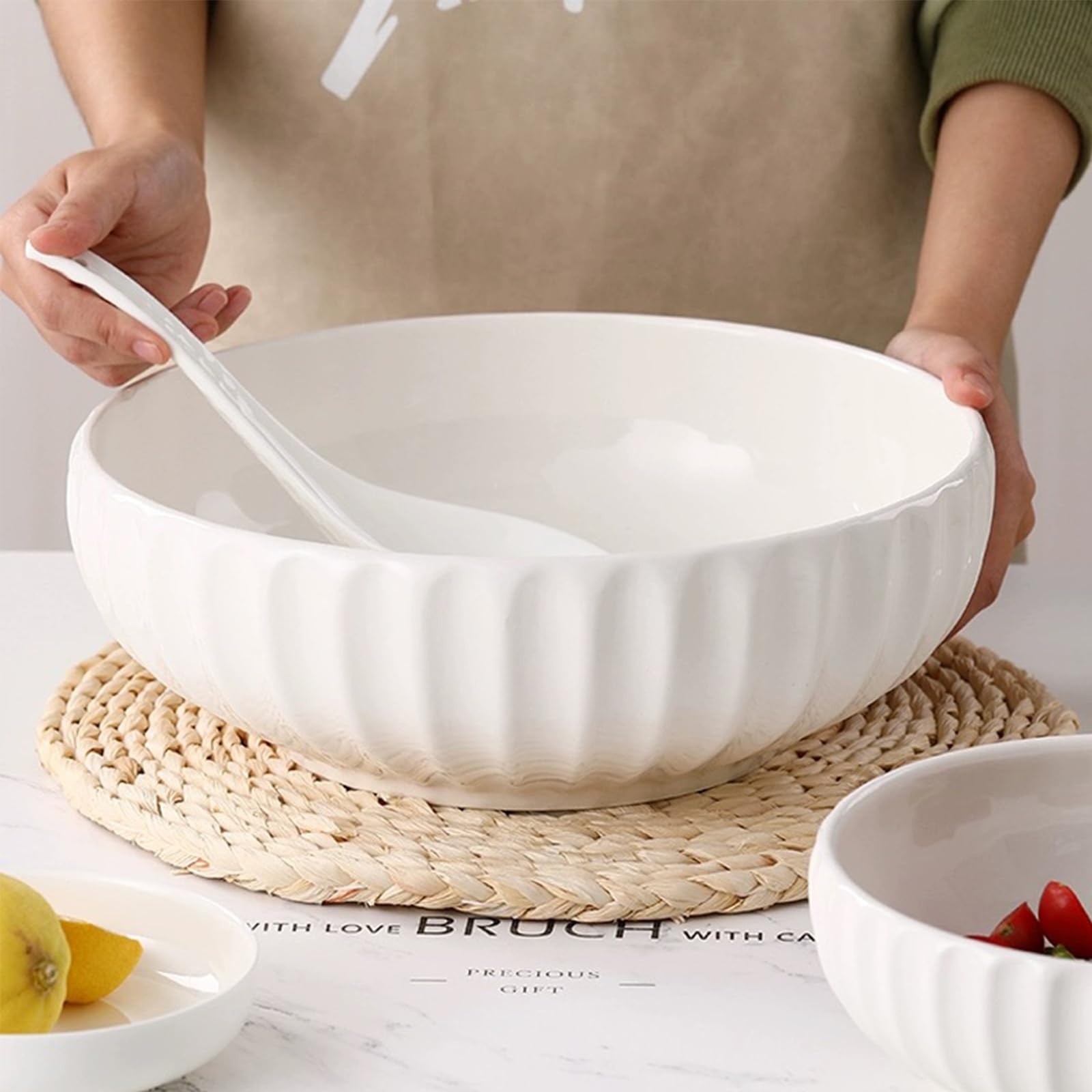 4 Quarts 2 Pcs Extra Large White Serving Bowls With Free Spoons, 12 Inch Oversized Big Salad Bowls For Entertaining, Eating, Cer