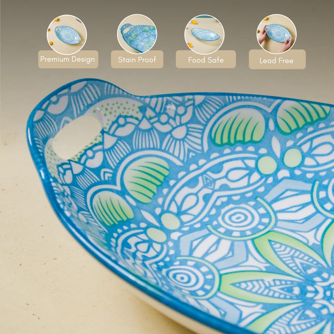 Nestasia Blue and Green Mandala Ceramic Long Dish with Handles for Serving Snacks, Appetizers, Salads, and Noodles| Microwave Sa