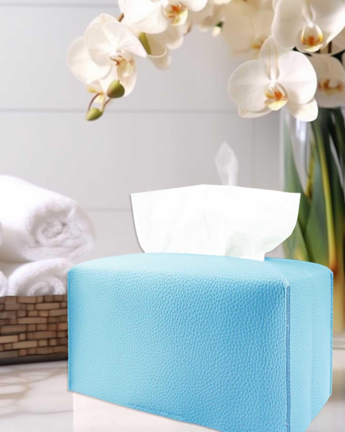 Sky Blue Tissue Box Cover Rectangular - Plus Size Large Tissue Box Cover Rectangle [Jesmini] Faux Leather Tissue Box Holder Long