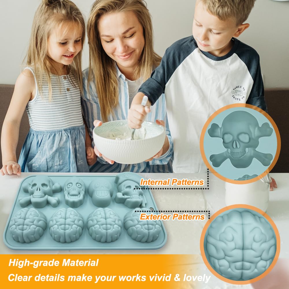 2 Pack Halloween Chocolate Molds 3D Skull And Brain Halloween Themed Baking Mould Tray Diy Baking Tool For Chocolate Cake Desser