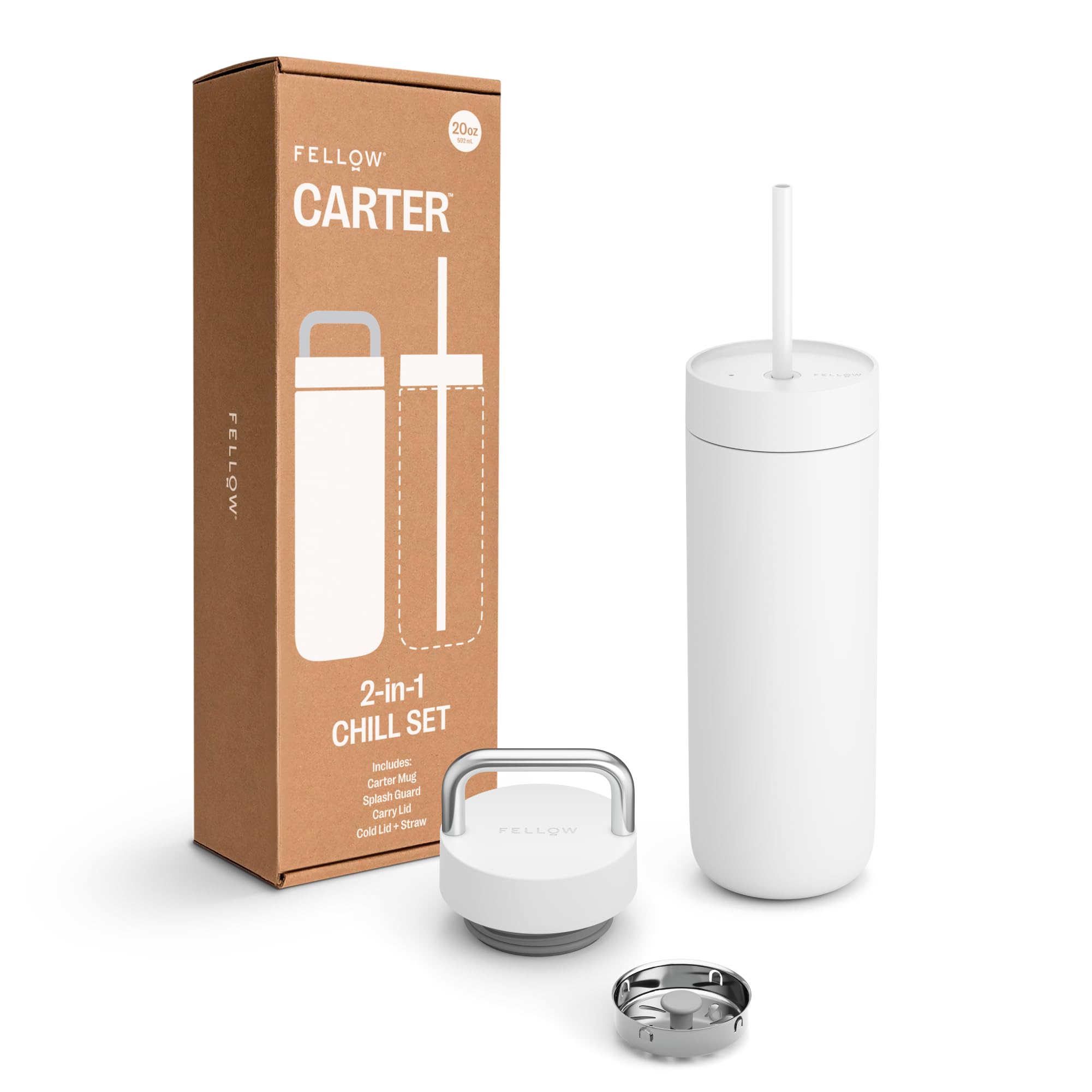 Fellow Carter Insulated Water Bottle 20 oz with Straw for Travel, 2 Lids
