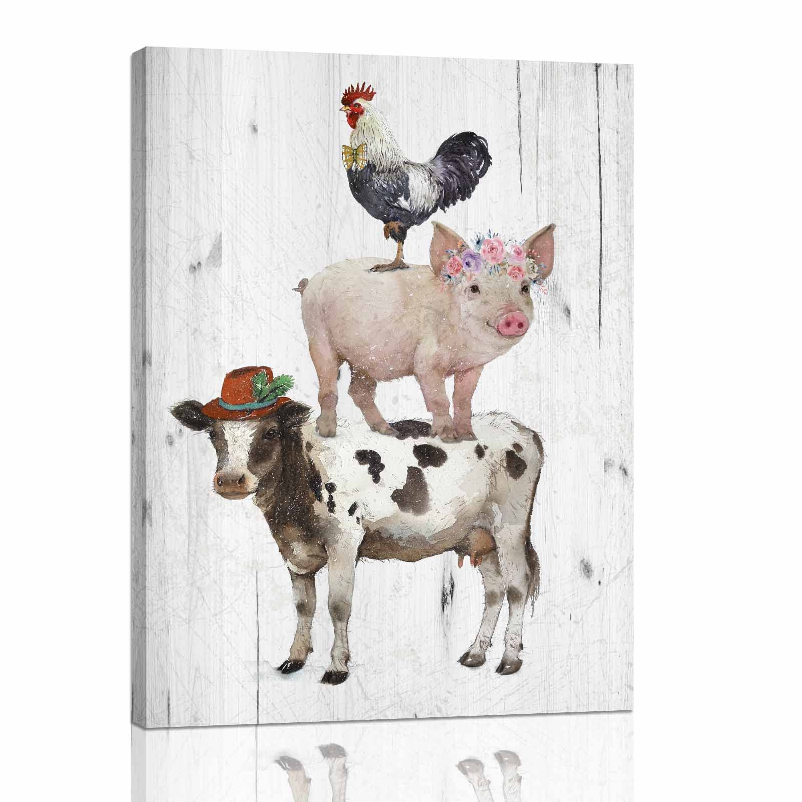 Farmhouse Animals Canvas Wall Art: Rooster Pig Cow Wall Decor - Funny Artwork Decoration For Home Office, Rustic Poster Framed P