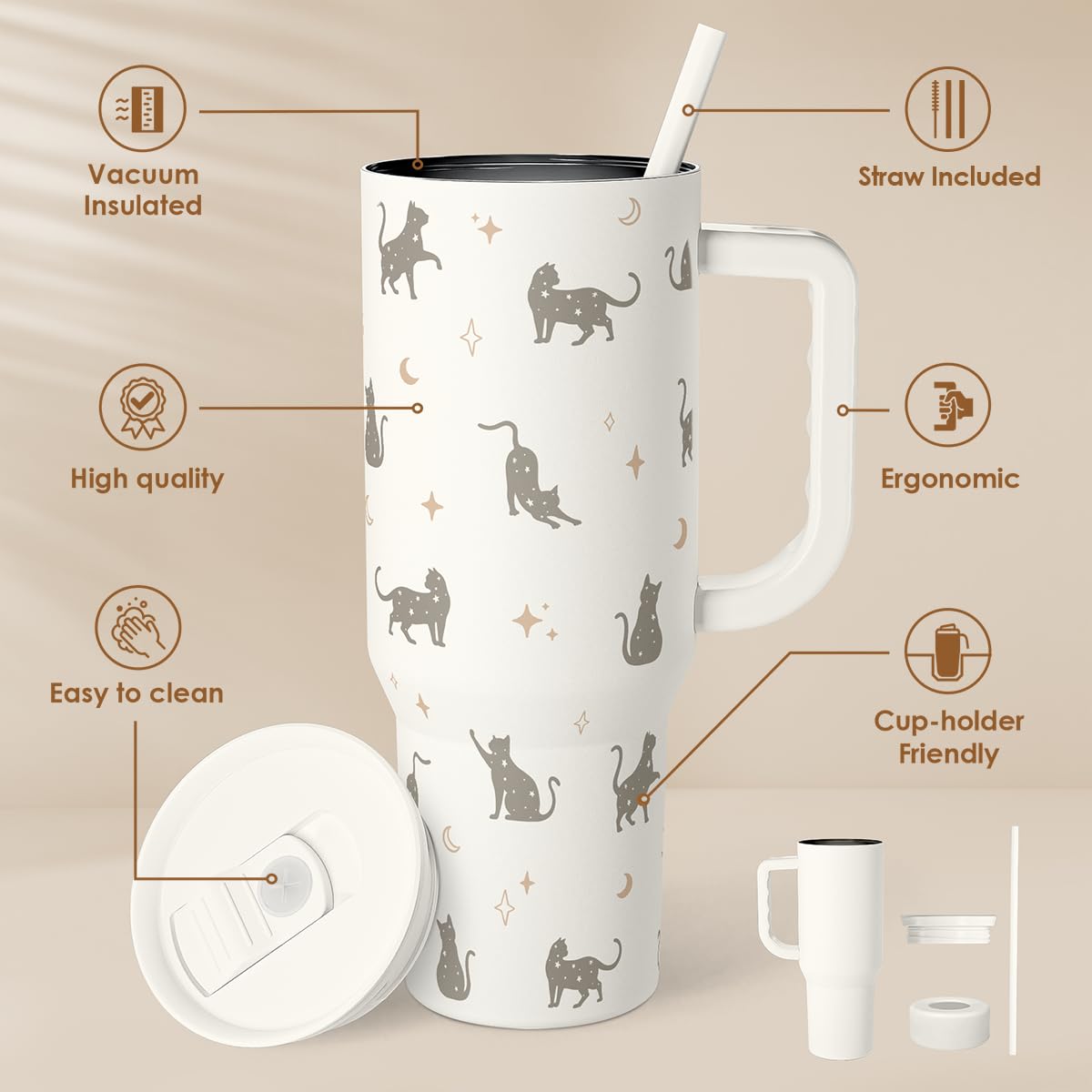Gift for Cat Lovers Cat Mom - 40oz Stainless Steel Tumbler with Handle and Straw - Travel Coffee Mug for Women, Gift for Birthda