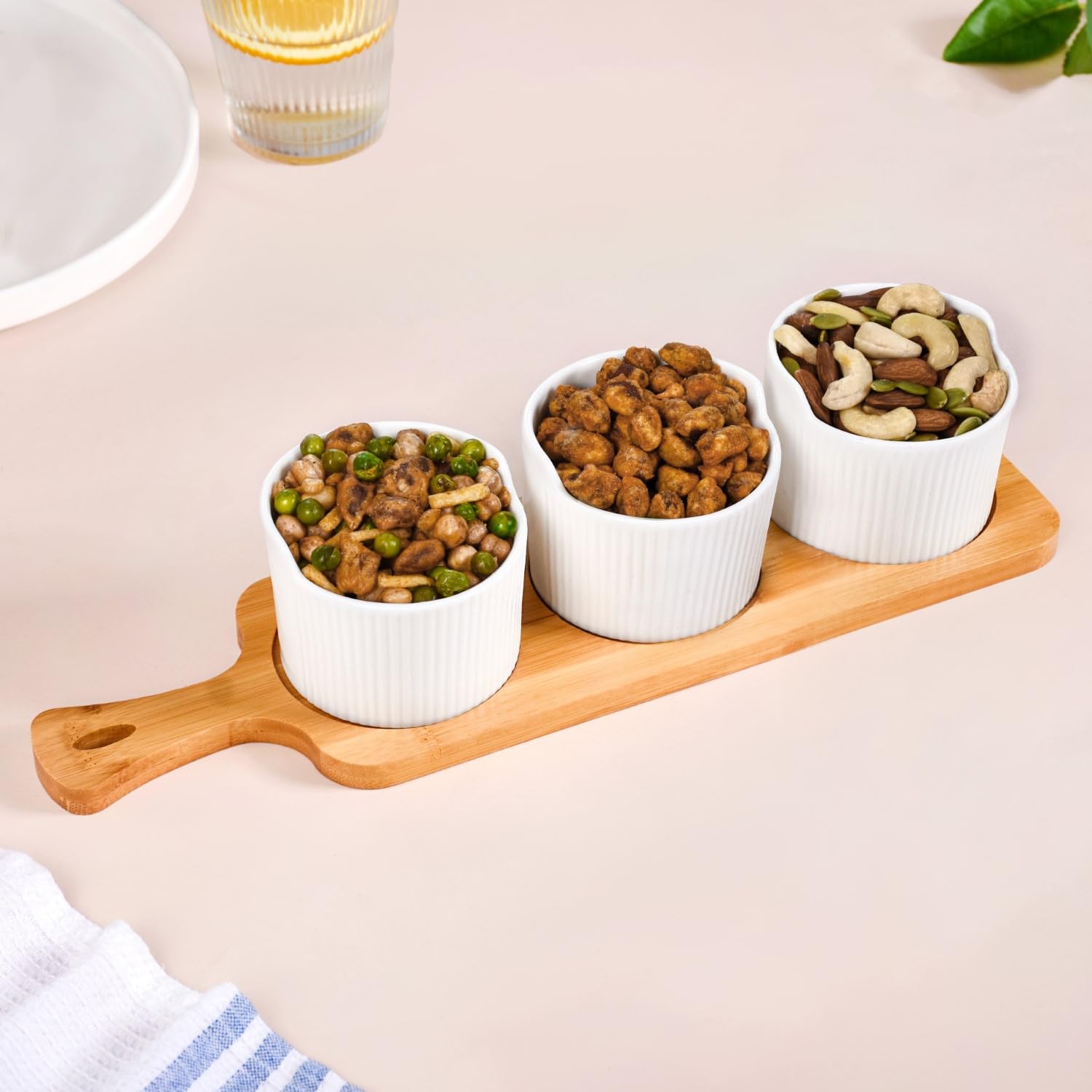 Nestasia Ribbed Ceramic Bowls Set With Wooden Tray 180Ml | Food-Safe, Non-Toxic | Ideal For Dips, Snacks, Treats, Dry Fruits, An