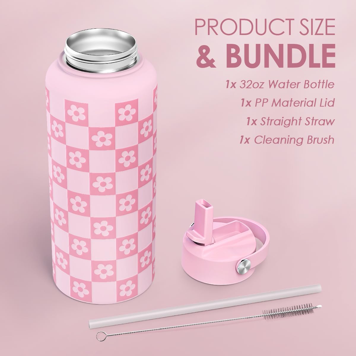 Checker Daisy Water Bottle 32oz Stainless Steel with Lid & Straw, Checkerboard Insulated Bottles Gifts for Women Girls Friends,