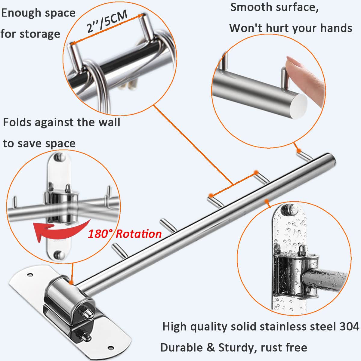 Clothes Hanger Rack Swing Arm, Folding Clothes Hanger Wall Mounted Space Saving Drying Rack, Stainless Steel 304 Laundry Room Va