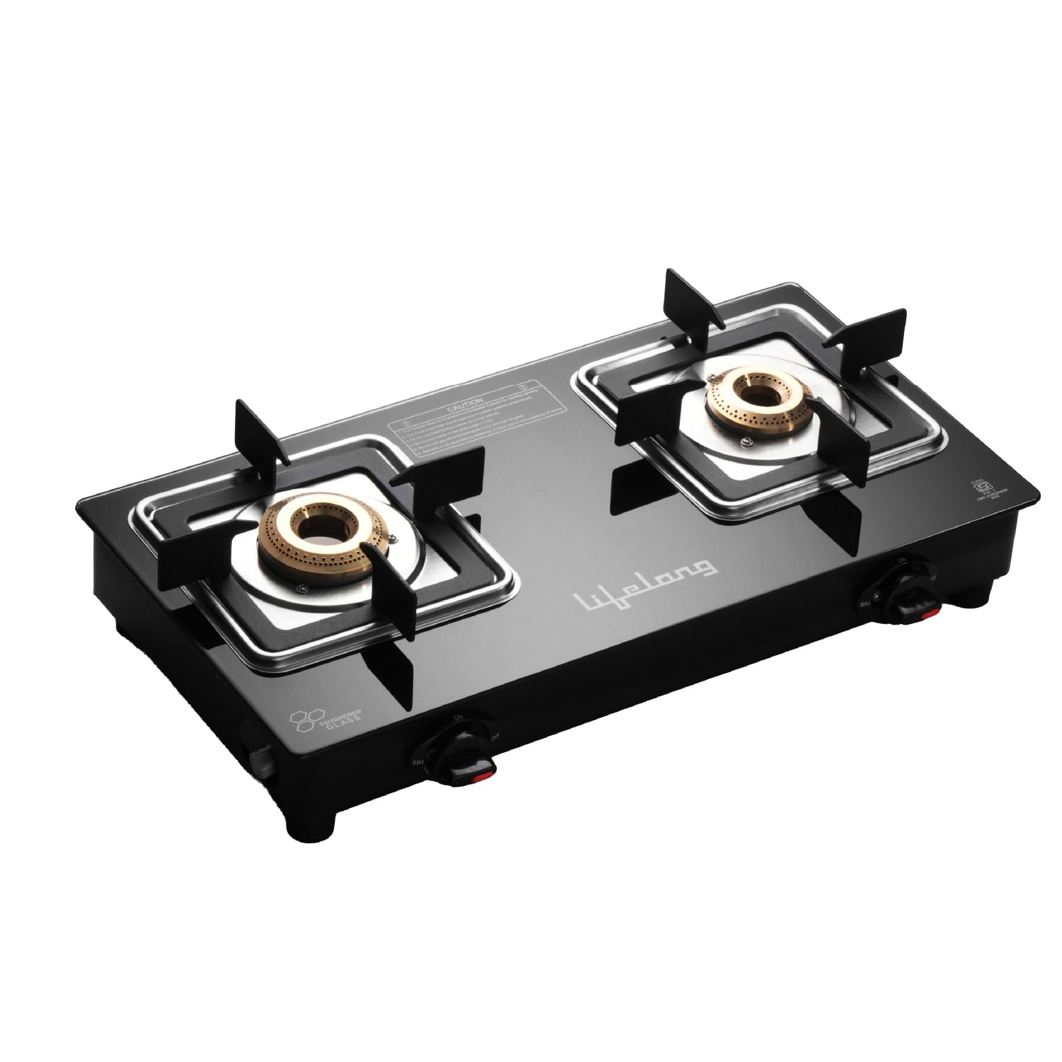 Lifelong 2 Burner Gas Stove For Kitchen,Square Shape Pan Support Manual Ignition Cooktop,Modern Glass Stove For Modular Kitchen,