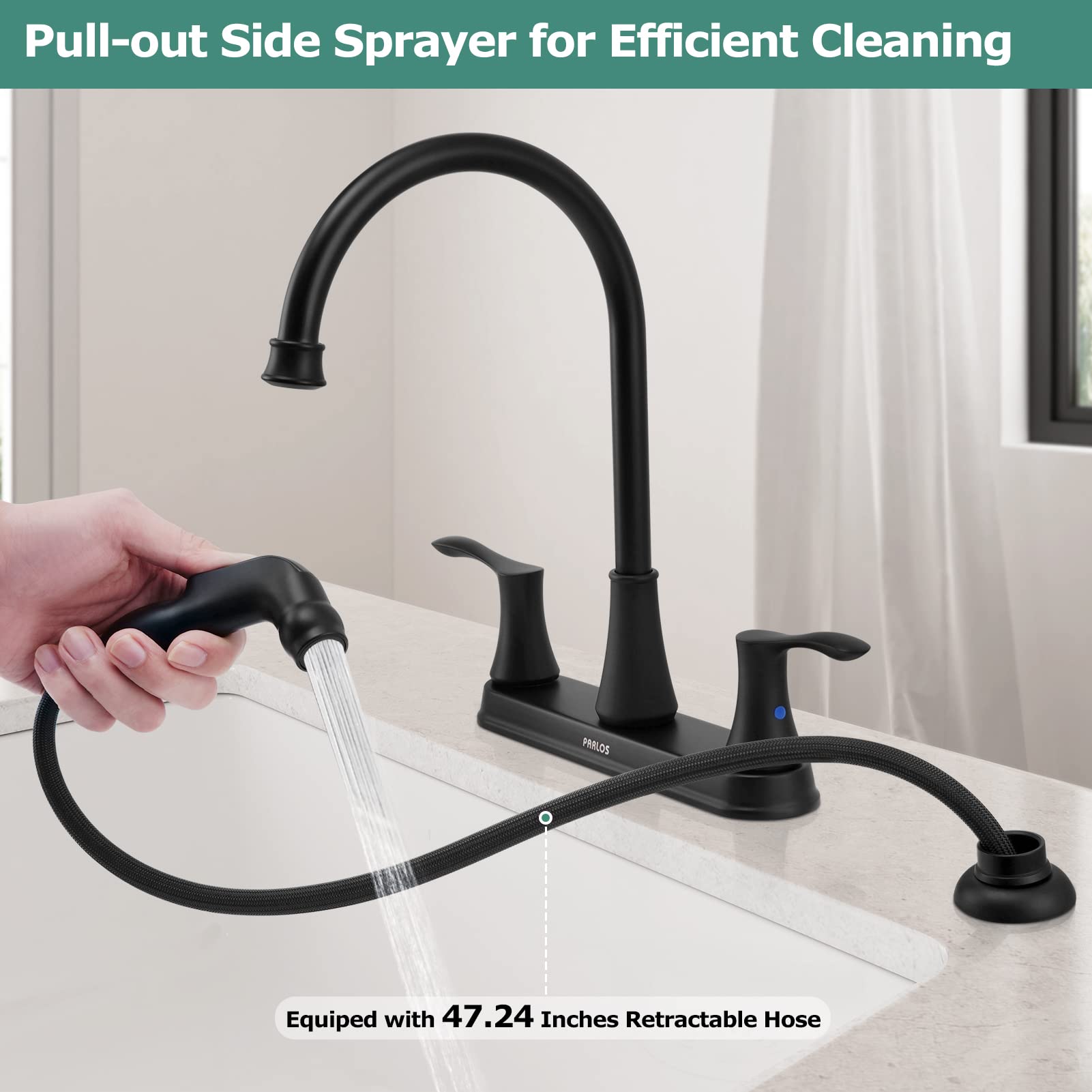 PARLOS 8 Inch Two Handles High Arch Kitchen Sink Faucet with Side Sprayer & Supply Lines  Brushed Nickel  Demeter 14138