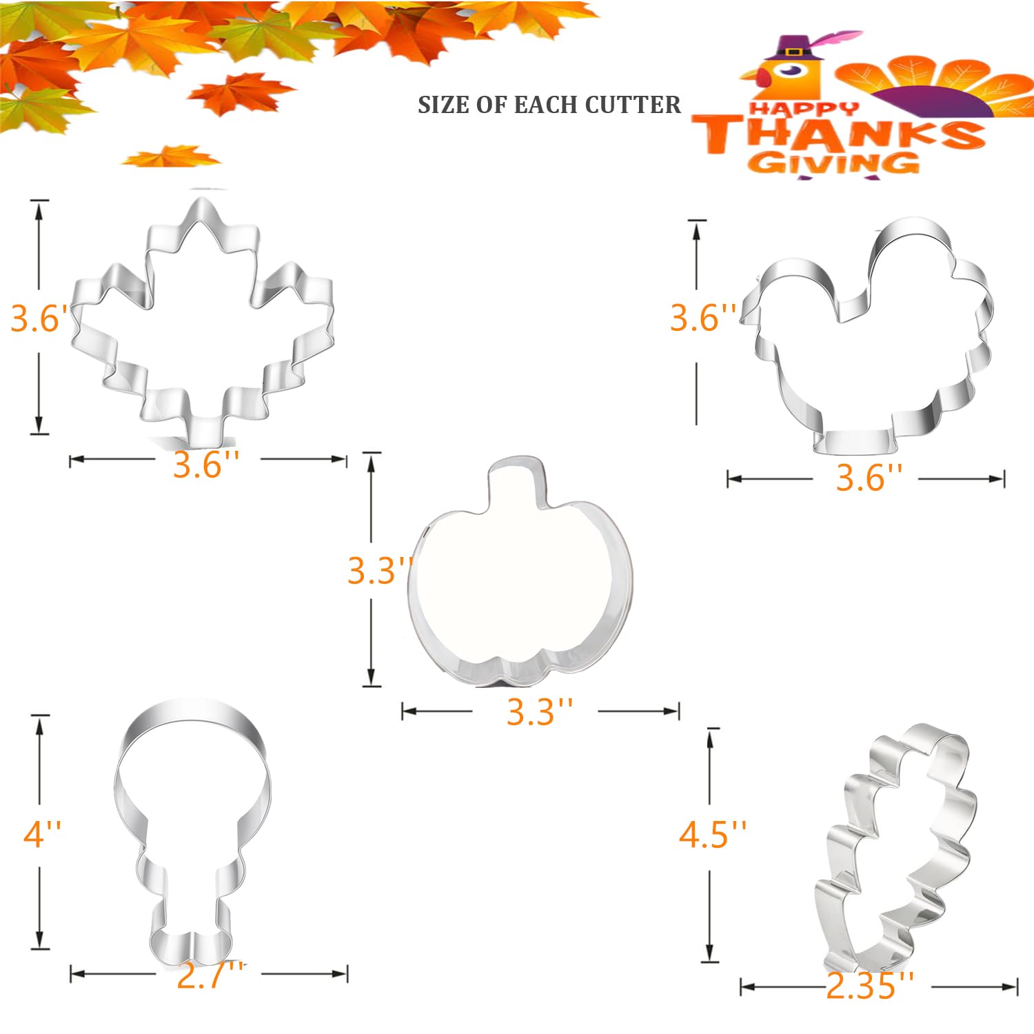 5 Piece Large Fall Thanksgiving Cookie Cutter, Holiday Cookie Cutters With Recipe Instruction Shapes Of Maple Leaf, Turkey, Chic